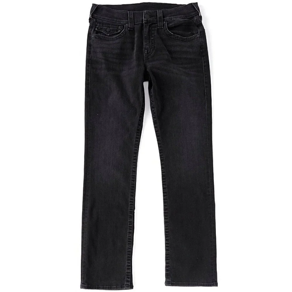 True Religion Mens Black Ricky Relaxed Fit Straight Leg Jeans Sz 32 Flap Pocket